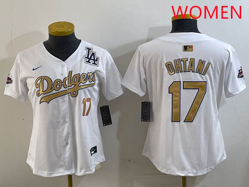 Women Los Angeles Dodgers 17 Ohtani White Champion gold character 2025 Nike MLB Jersey style 1